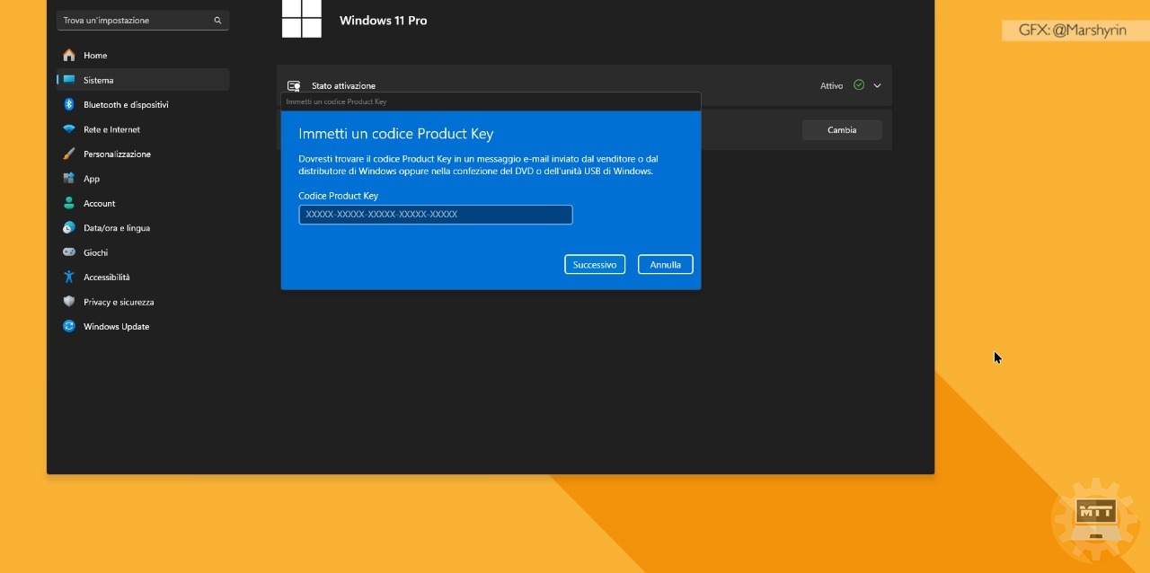 Inserisci la key per attivare Windows 11 Pro.